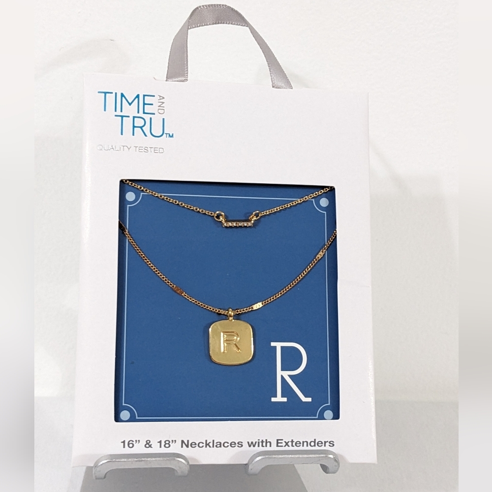 Women's Initial Letter "R" Pendant Necklace Set, 2 PC Set, Gold Tone, NEW